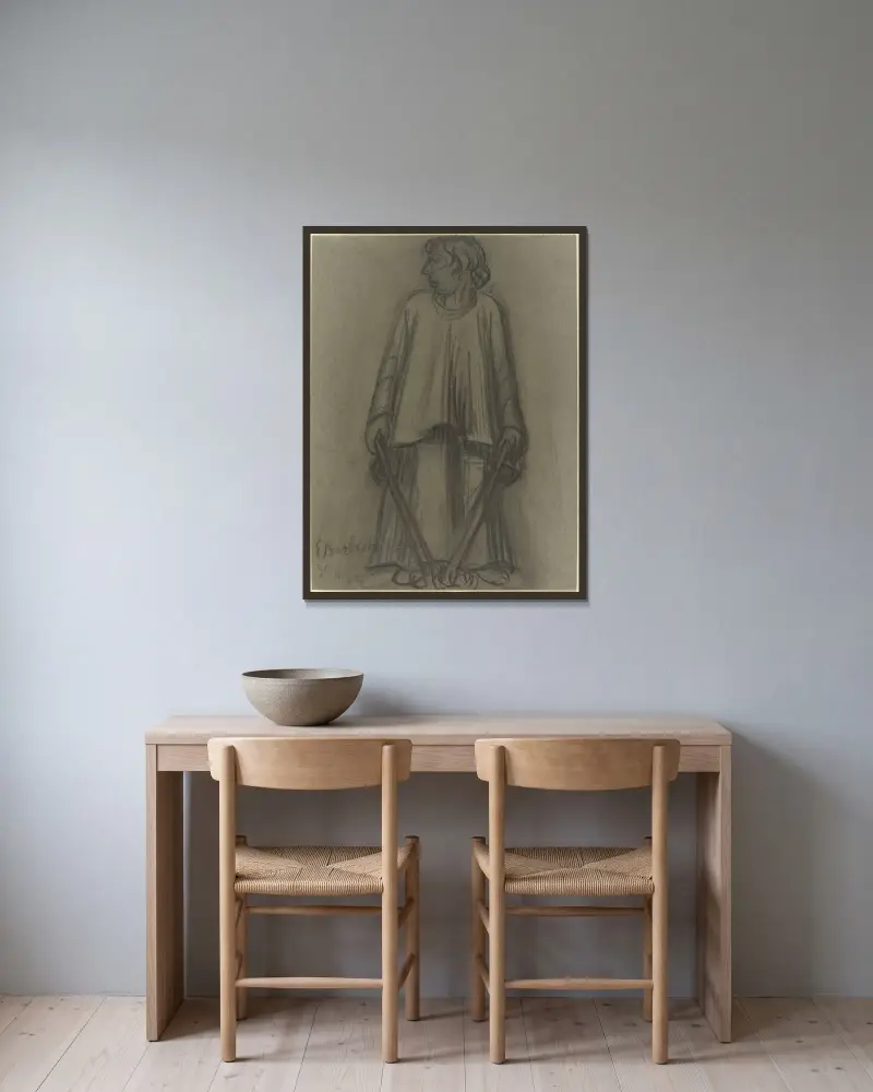 Stehende Figur mit erloschenen Fackeln von Ernst Barlach gerahmt an einer Wand