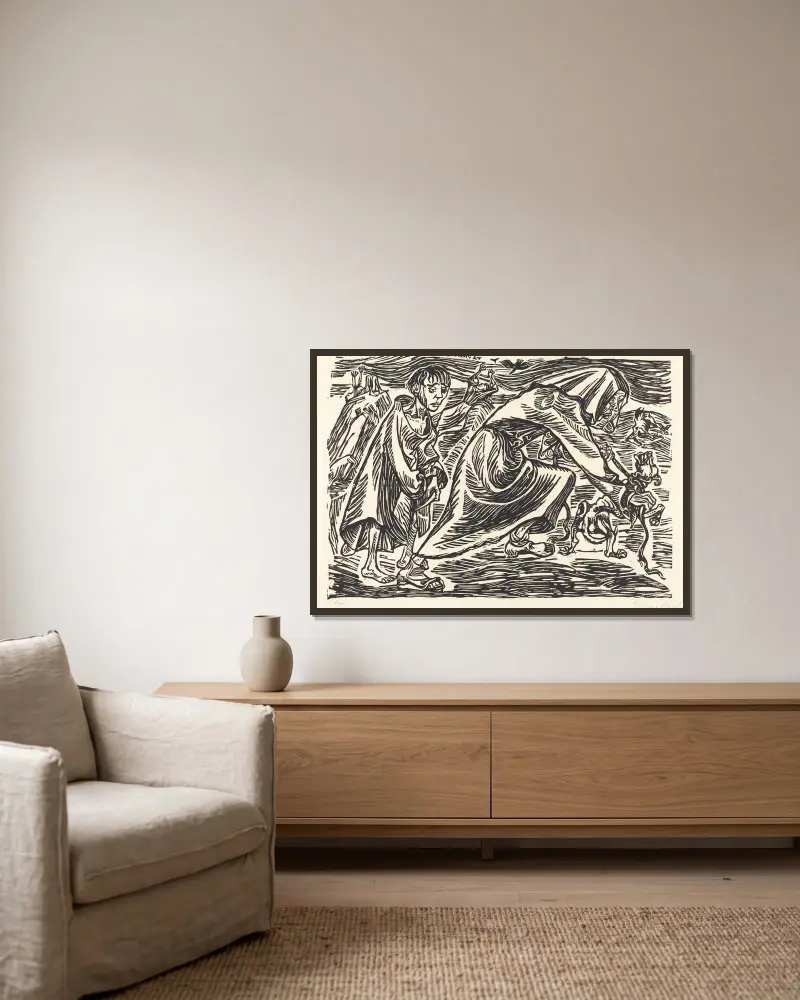 Der Hundefänger von Ernst Barlach gerahmt an einer Wand