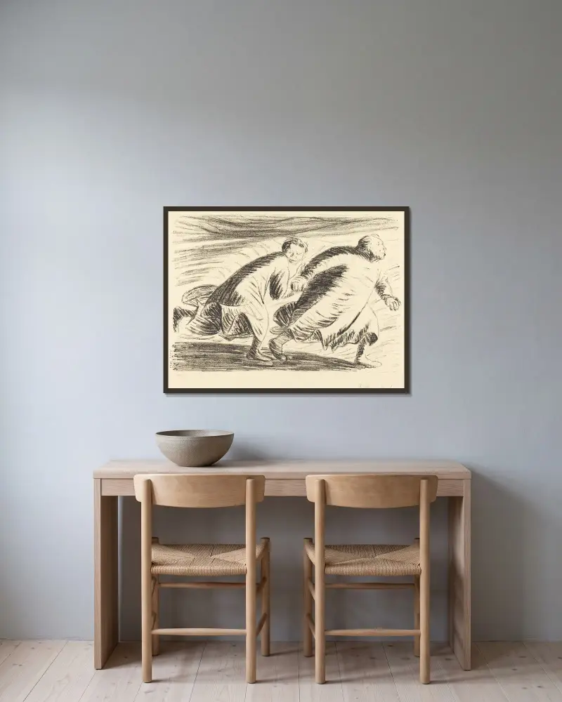 Die Flüchtlinge von Ernst Barlach gerahmt an einer Wand