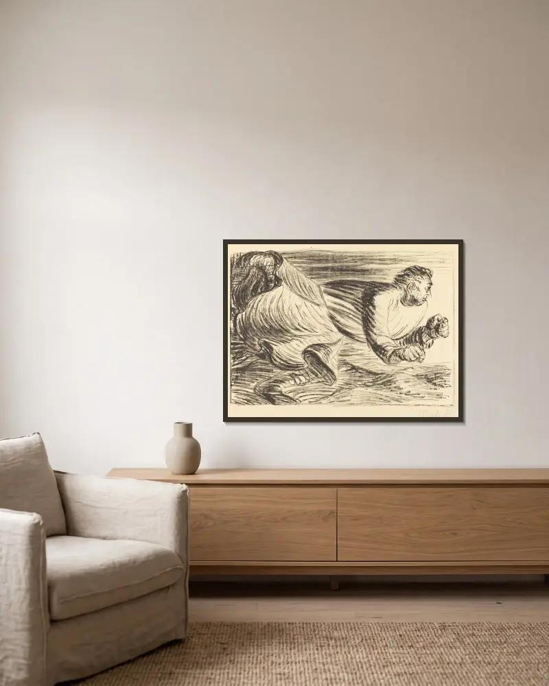 Der tobende Barbar von Ernst Barlach gerahmt an einer Wand