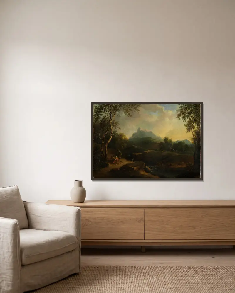Bergige Landschaft mit Bach av Christian Wilhelm Ernst Dietrich inramad på en vägg