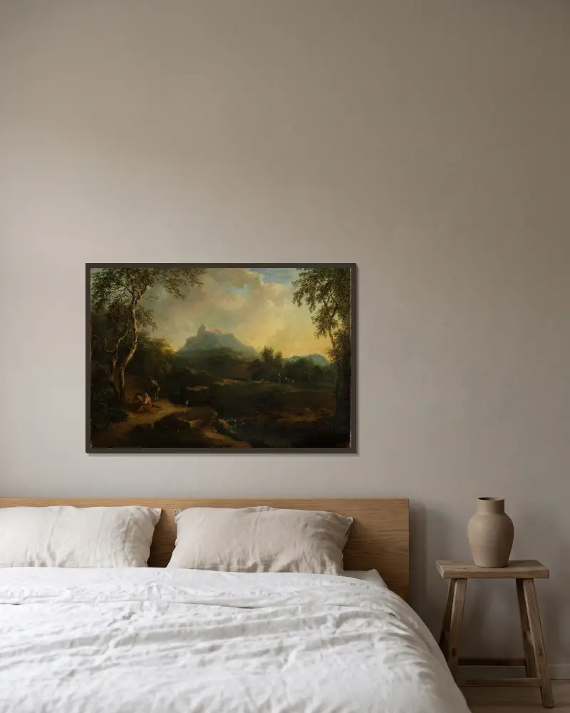 Bergige Landschaft mit Bach av Christian Wilhelm Ernst Dietrich inramad på en vägg