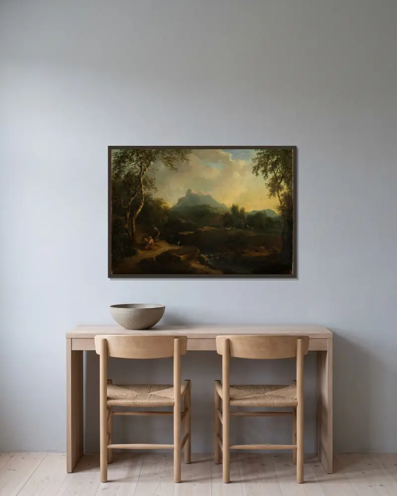 Bergige Landschaft mit Bach av Christian Wilhelm Ernst Dietrich inramad på en vägg