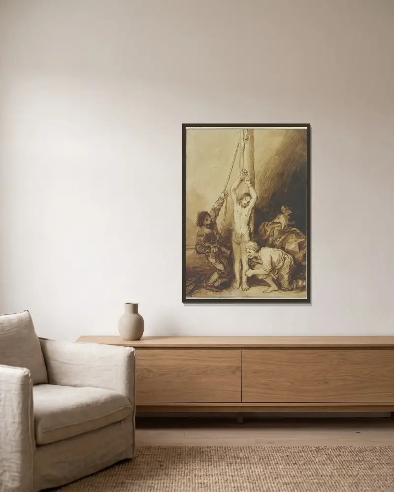 Kristus vid pelaren, i Rembrandts stil av Christian Wilhelm Ernst Dietrich inramad på en vägg