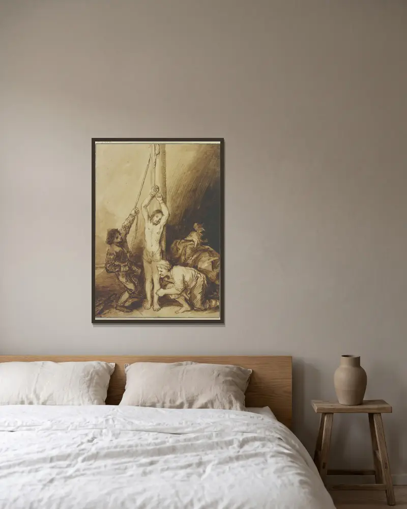 Kristus vid pelaren, i Rembrandts stil av Christian Wilhelm Ernst Dietrich inramad på en vägg