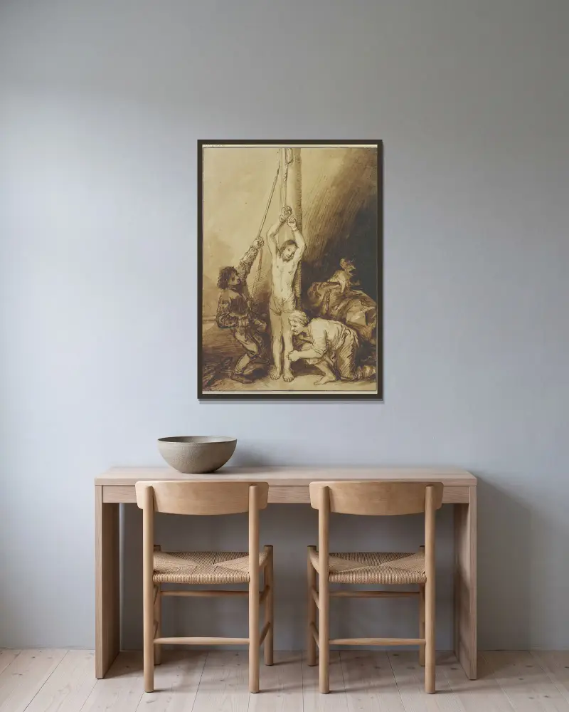 Kristus vid pelaren, i Rembrandts stil av Christian Wilhelm Ernst Dietrich inramad på en vägg