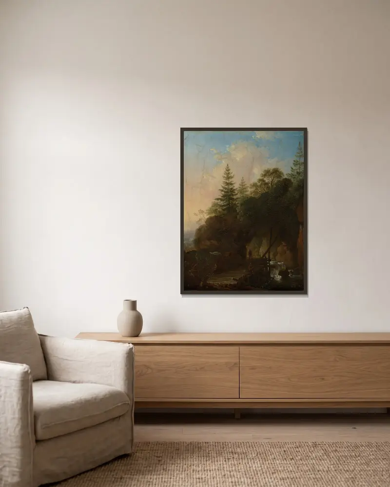 Gebirgslandschaft mit Wasserfall und hölzerner Brücke von Christian Wilhelm Ernst Dietrich gerahmt an einer Wand