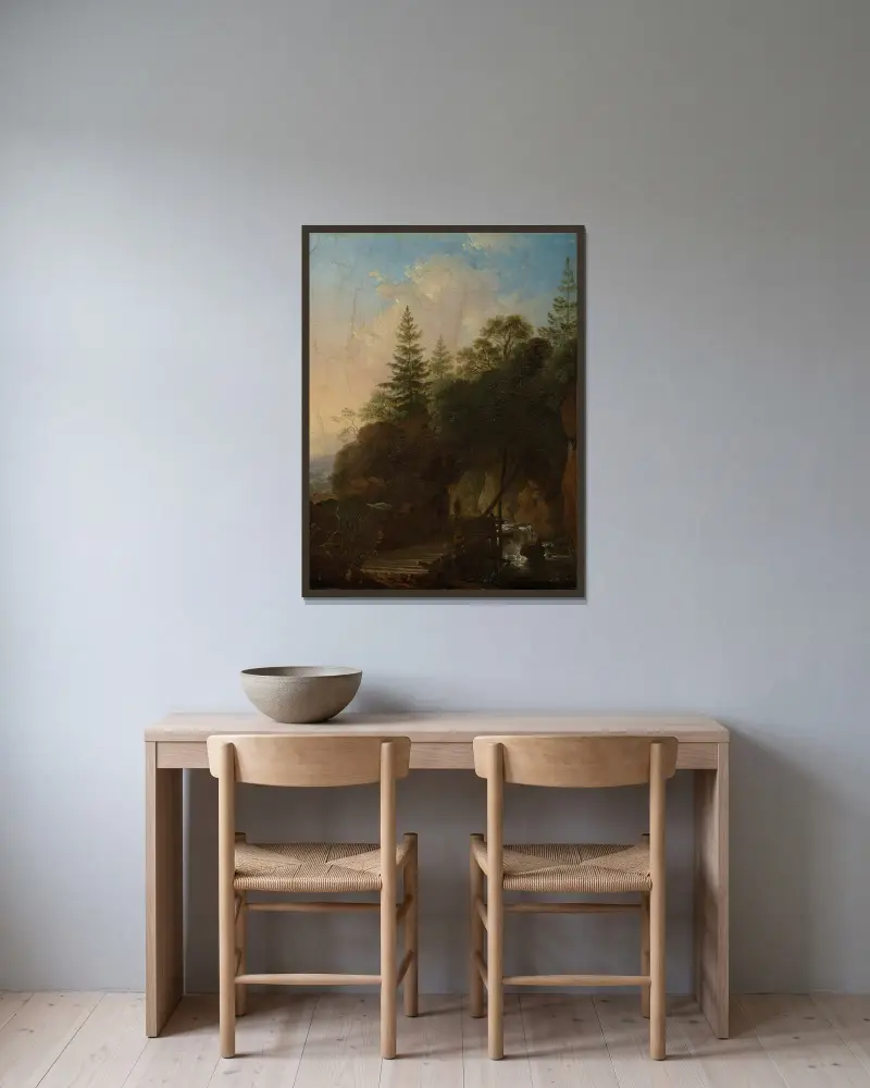 Gebirgslandschaft mit Wasserfall und hölzerner Brücke von Christian Wilhelm Ernst Dietrich gerahmt an einer Wand