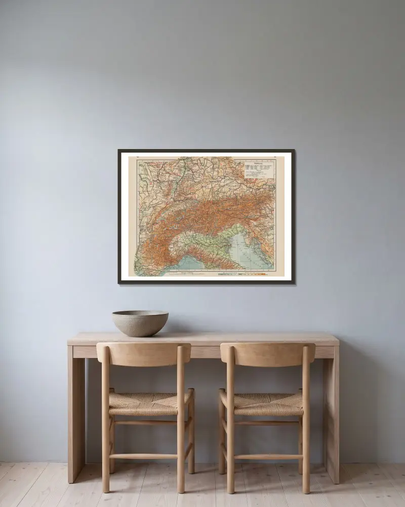 Mapa Alp (Niemcy Południowe, Szwajcaria, Austria, wschodnia Francja, północne Włochy), Ernst Friedrich w ramie na ścianie