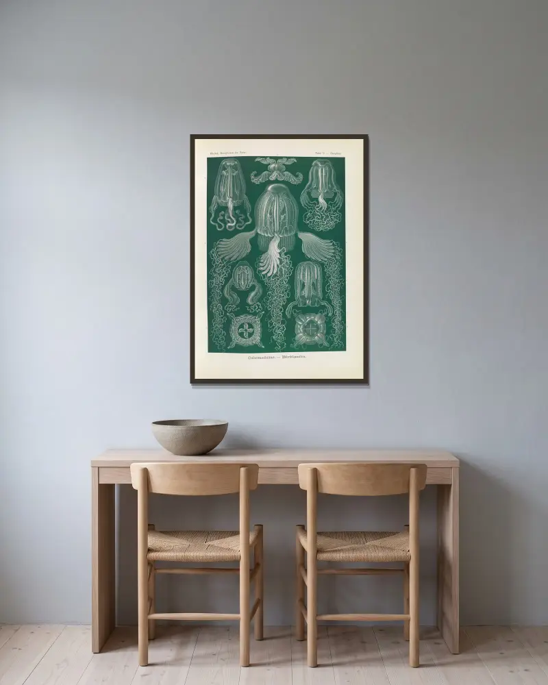 Kubmaneter av Ernst Haeckel inramad på en vägg