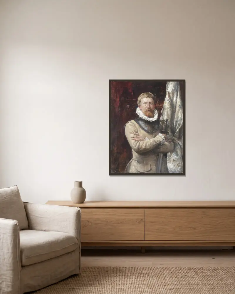 Hugo Birger, der Künstler, als Söldner von Ernst Josephson gerahmt an einer Wand