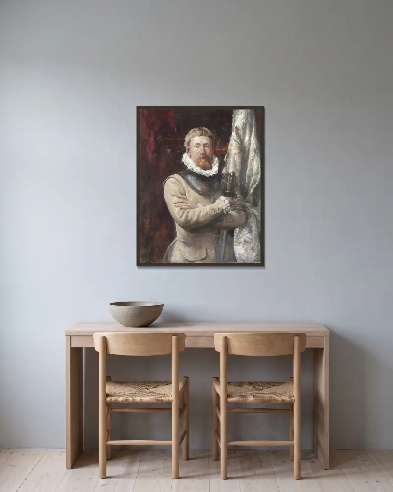 Hugo Birger, der Künstler, als Söldner von Ernst Josephson gerahmt an einer Wand