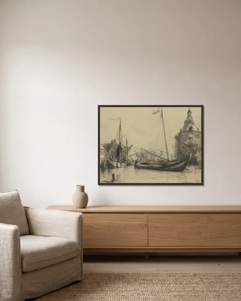 Kanal med fiskebåtar av Friedrich Ernst Morgenstern inramad på en vägg