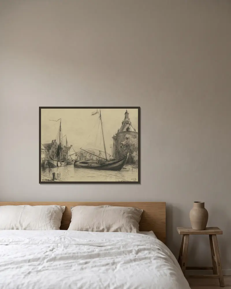 Kanal med fiskebåtar av Friedrich Ernst Morgenstern inramad på en vägg