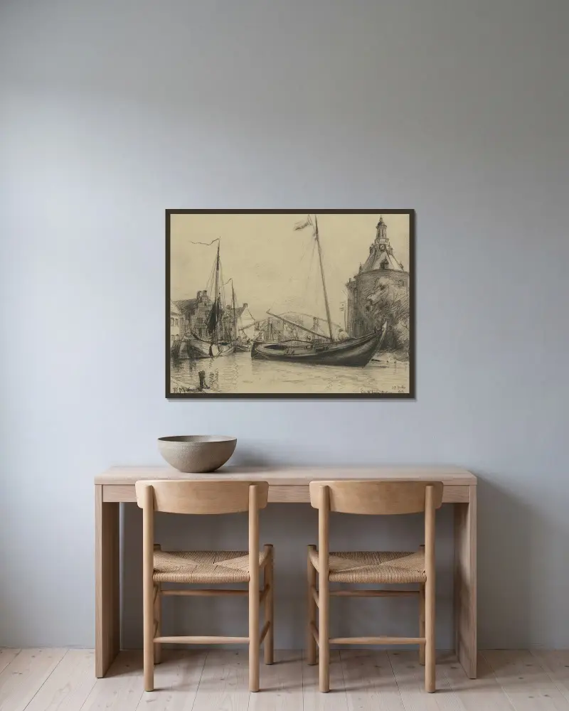 Kanal med fiskebåtar av Friedrich Ernst Morgenstern inramad på en vägg