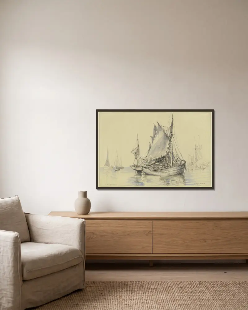 Fiskebåtar nära Ostende av Friedrich Ernst Morgenstern inramad på en vägg