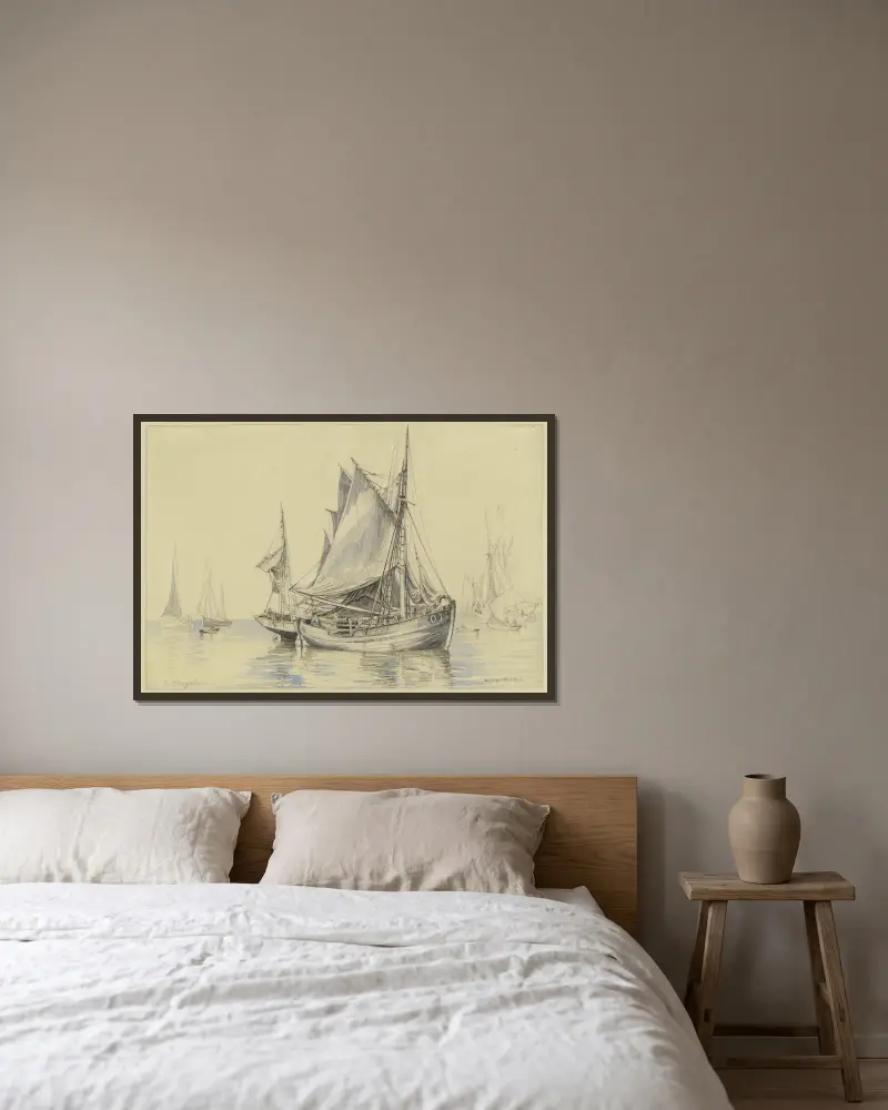 Fiskebåtar nära Ostende av Friedrich Ernst Morgenstern inramad på en vägg