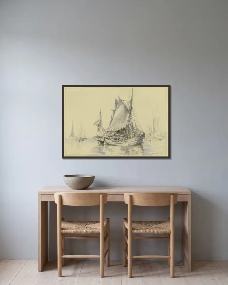 Fiskebåtar nära Ostende av Friedrich Ernst Morgenstern inramad på en vägg
