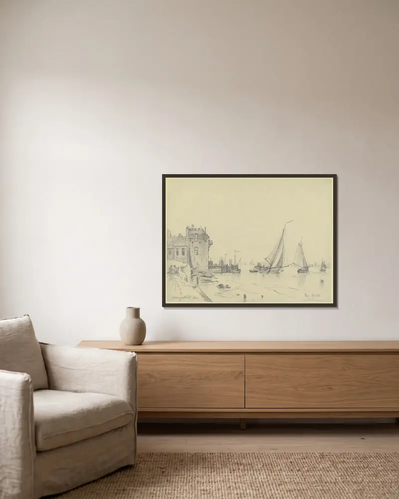 Hamn i Veere på Walcheren av Friedrich Ernst Morgenstern inramad på en vägg
