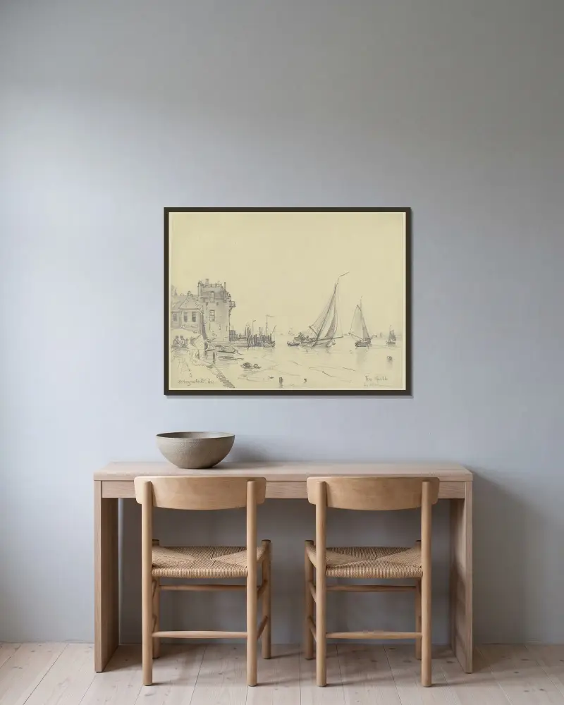 Hamn i Veere på Walcheren av Friedrich Ernst Morgenstern inramad på en vägg