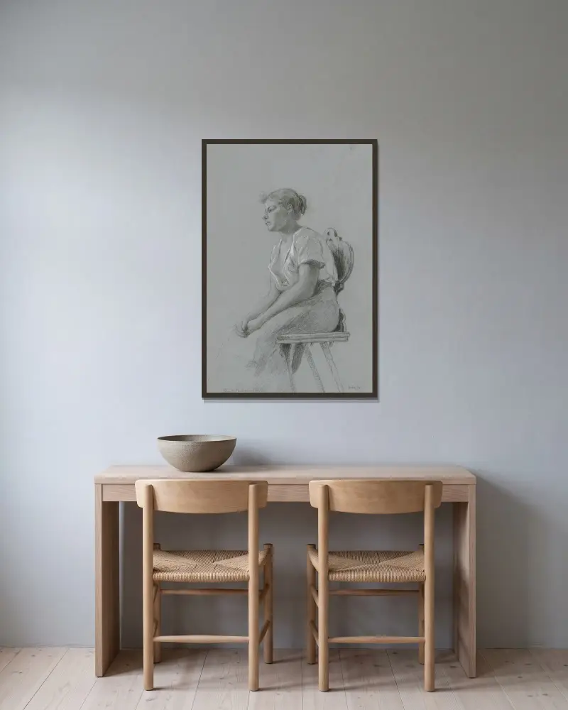 Sittande ung flicka med öppen blus, vänd åt vänster av Friedrich Ernst Morgenstern inramad på en vägg
