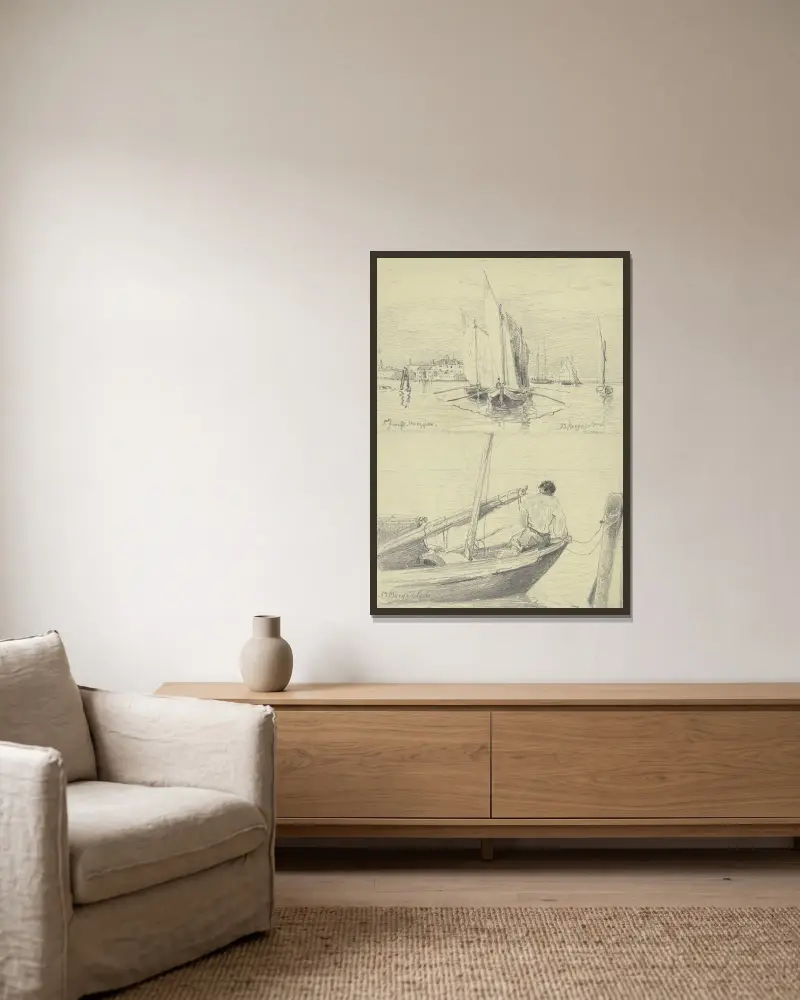 Studieblad; fiskebåtar vid Chioggia av Friedrich Ernst Morgenstern inramad på en vägg