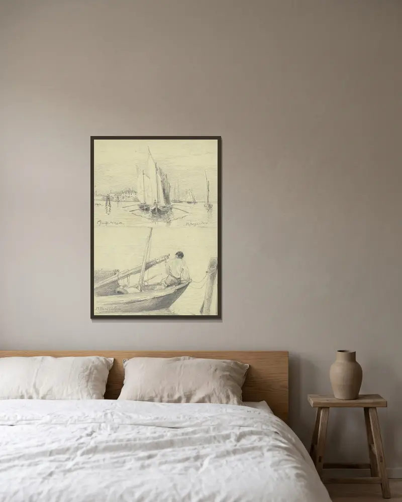 Studieblad; fiskebåtar vid Chioggia av Friedrich Ernst Morgenstern inramad på en vägg