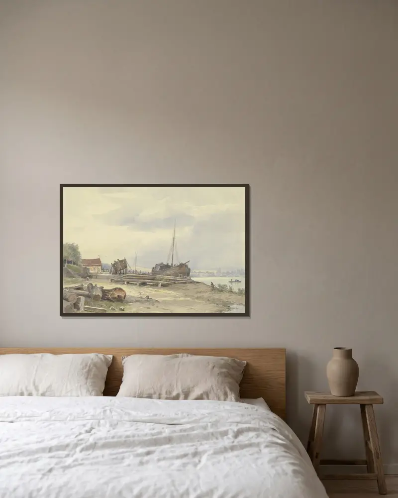Varv vid Rhenstranden nära Niederwalluf av Friedrich Ernst Morgenstern inramad på en vägg