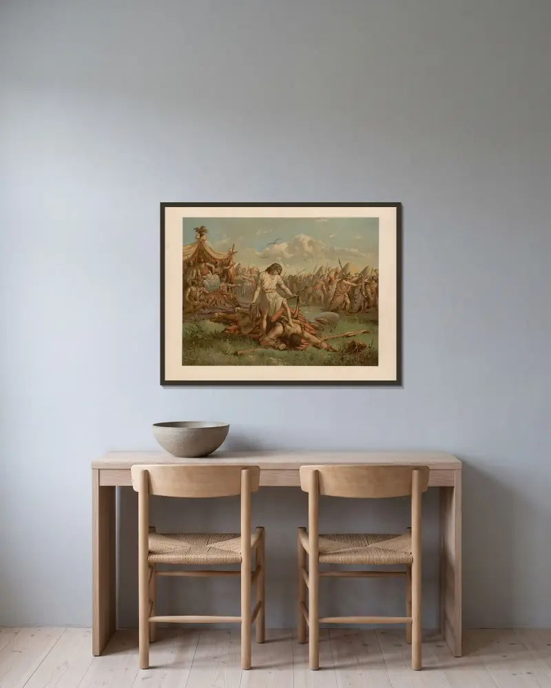 David and Goliath av Ernst Pessler inramad på en vägg