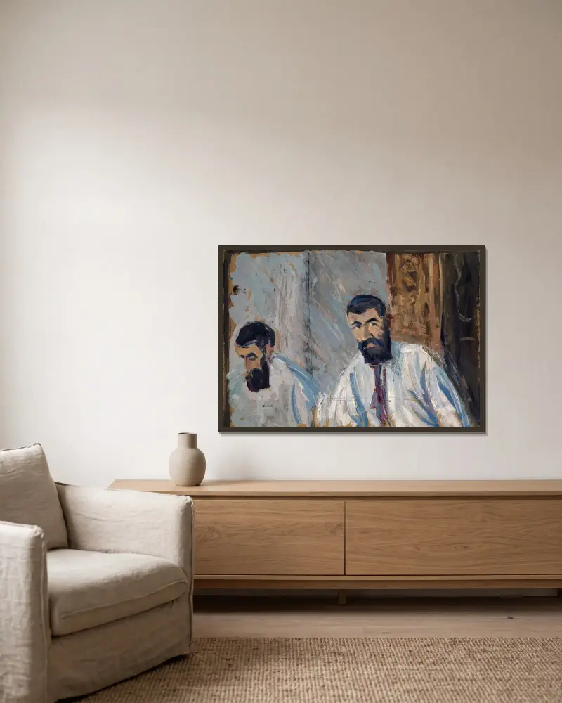 Doppelporträt eines bärtigen Mannes in weißem Hemd von Ernst Schiess gerahmt an einer Wand