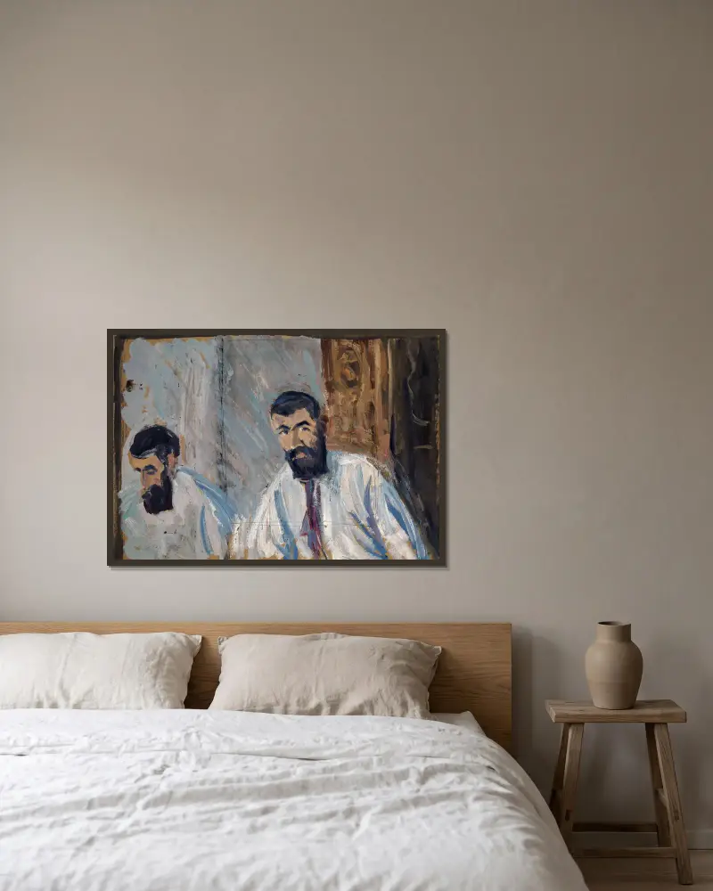 Doppelporträt eines bärtigen Mannes in weißem Hemd von Ernst Schiess gerahmt an einer Wand