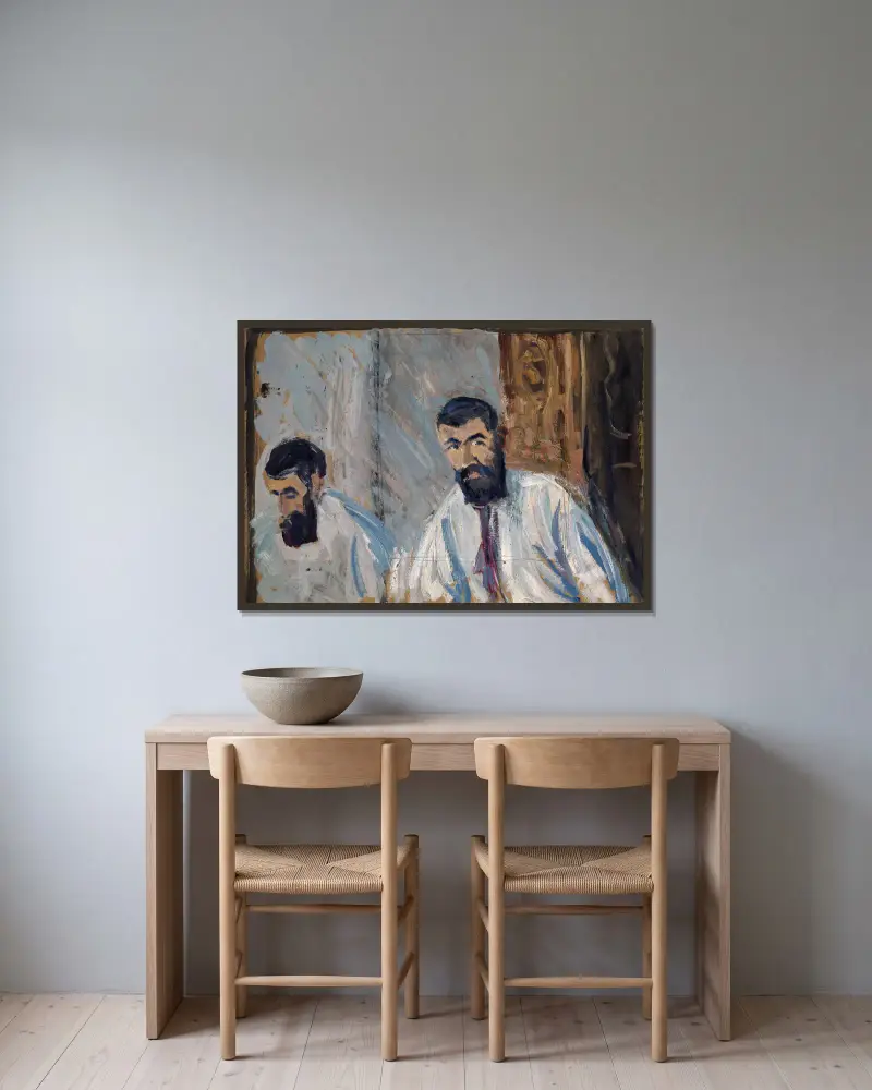 Doppelporträt eines bärtigen Mannes in weißem Hemd von Ernst Schiess gerahmt an einer Wand