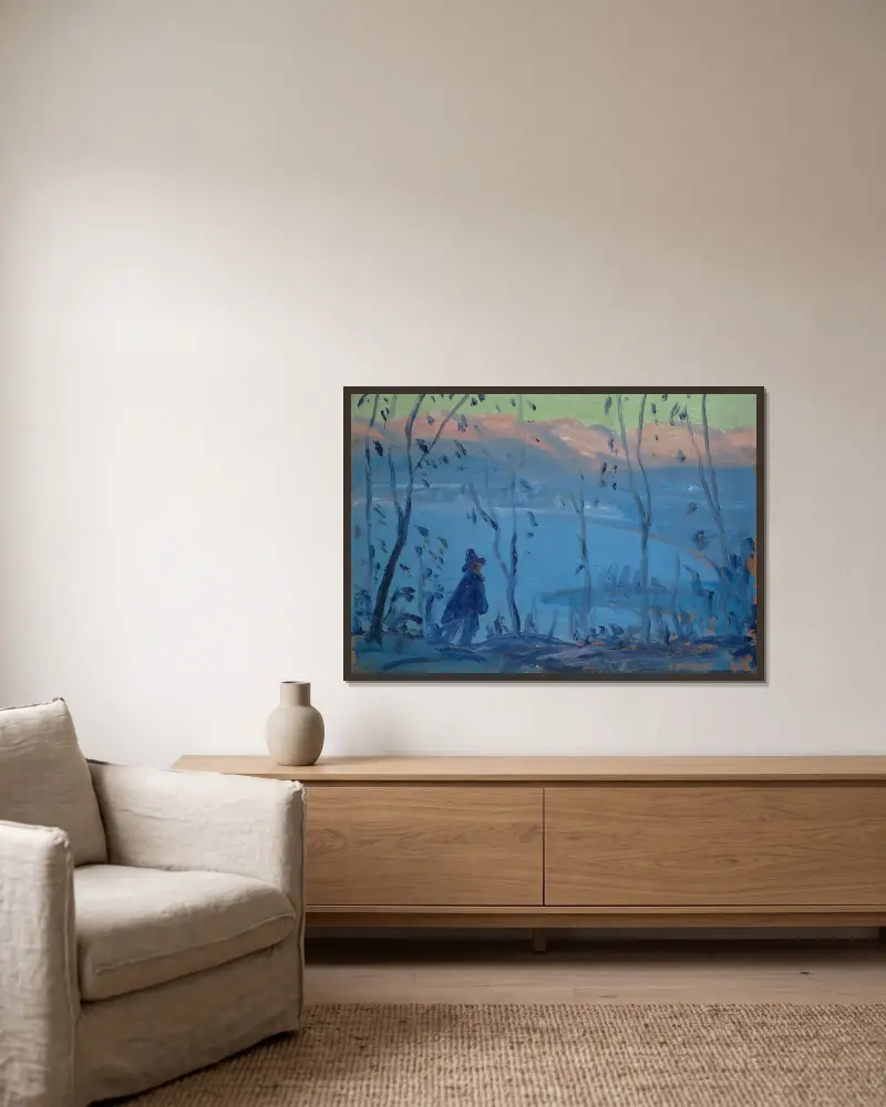 Abendspaziergang über einem südlichen See von Ernst Schiess gerahmt an einer Wand