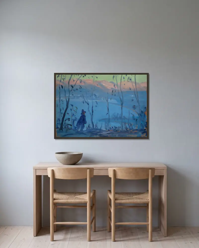 Abendspaziergang über einem südlichen See von Ernst Schiess gerahmt an einer Wand