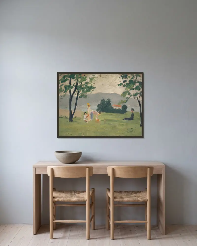 Kvinnor och barn på äng av Ernst Schiess inramad på en vägg