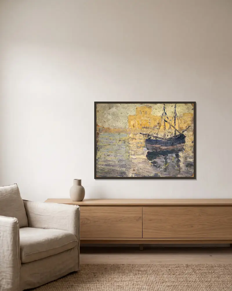 Harbour with Sailing Boat av Ernst Schiess inramad på en vägg