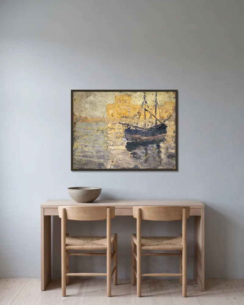 Harbour with Sailing Boat av Ernst Schiess inramad på en vägg