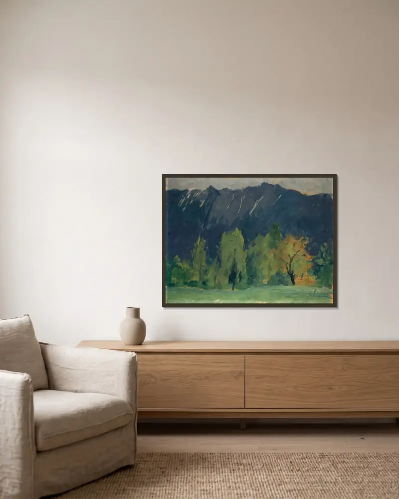 Mountain Landscape av Ernst Schiess inramad på en vägg