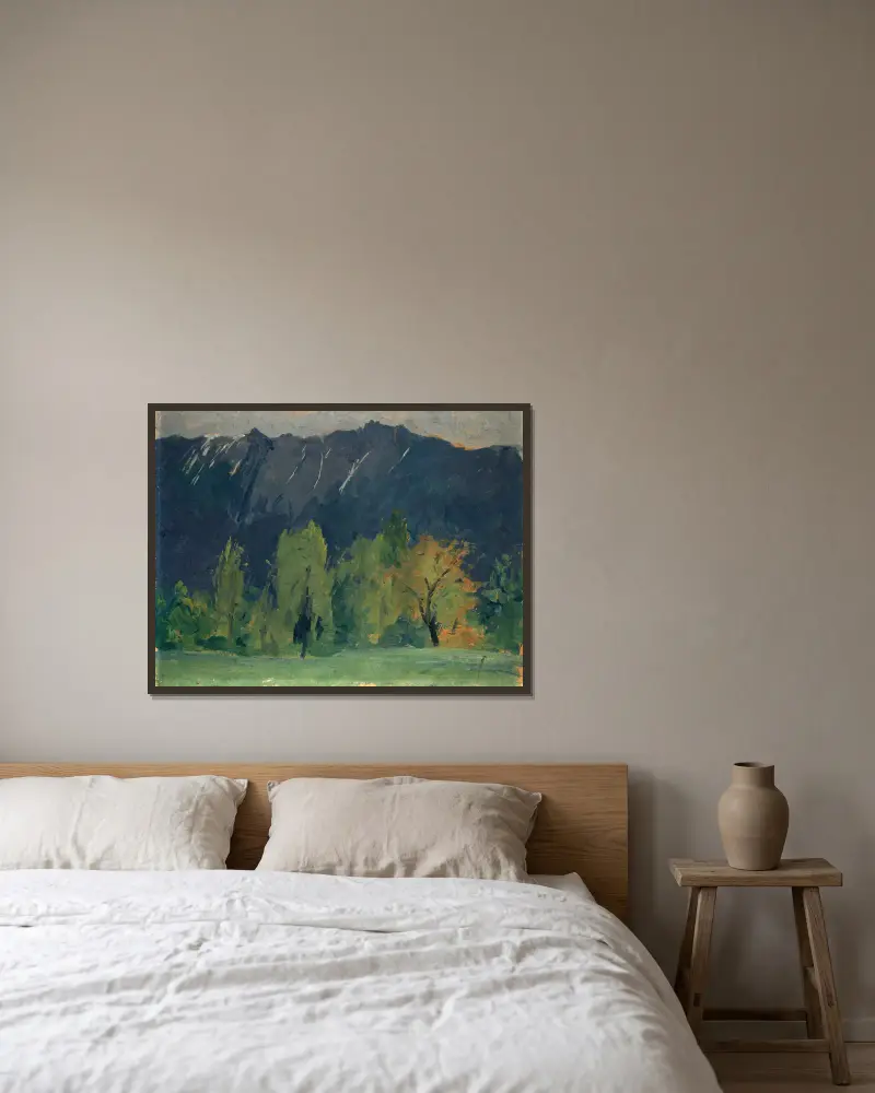 Mountain Landscape av Ernst Schiess inramad på en vägg