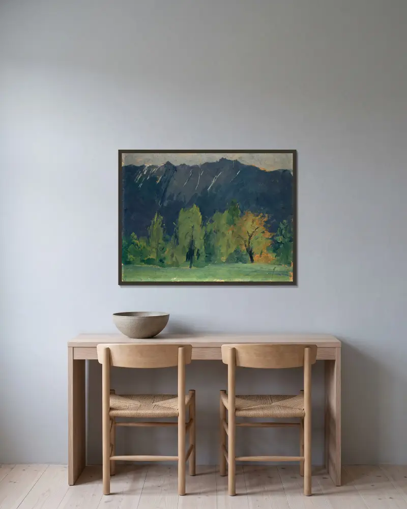 Mountain Landscape av Ernst Schiess inramad på en vägg