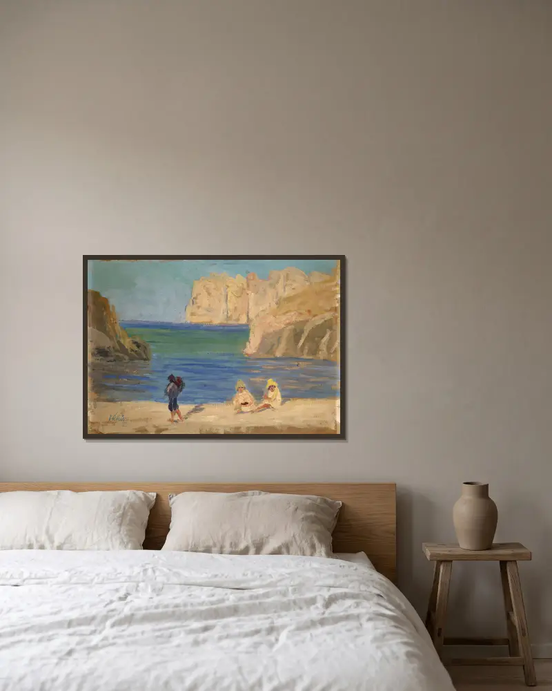 Rocky Bay with Two Seated Figures av Ernst Schiess inramad på en vägg