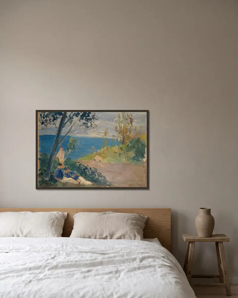 Siesta der Grenzwächter am Strand von Ernst Schiess gerahmt an einer Wand