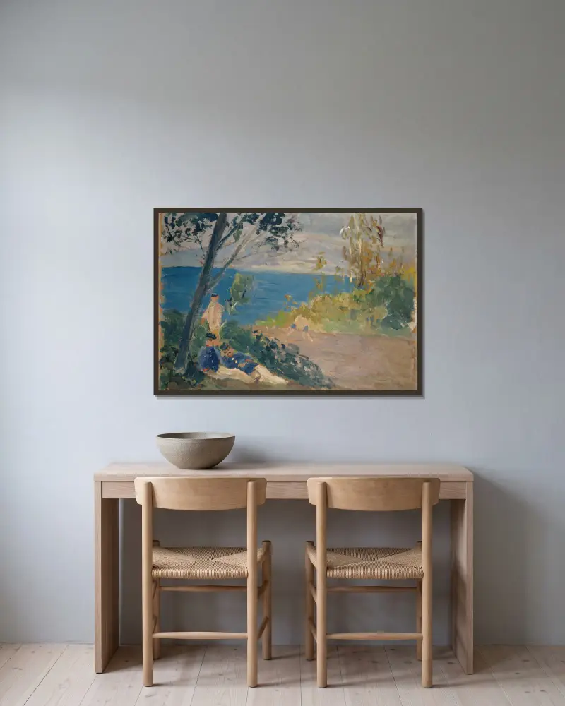 Siesta der Grenzwächter am Strand von Ernst Schiess gerahmt an einer Wand