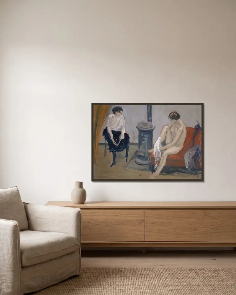 Zwei Frauen am Herd von Ernst Schiess gerahmt an einer Wand