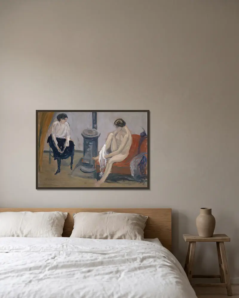 Zwei Frauen am Herd von Ernst Schiess gerahmt an einer Wand
