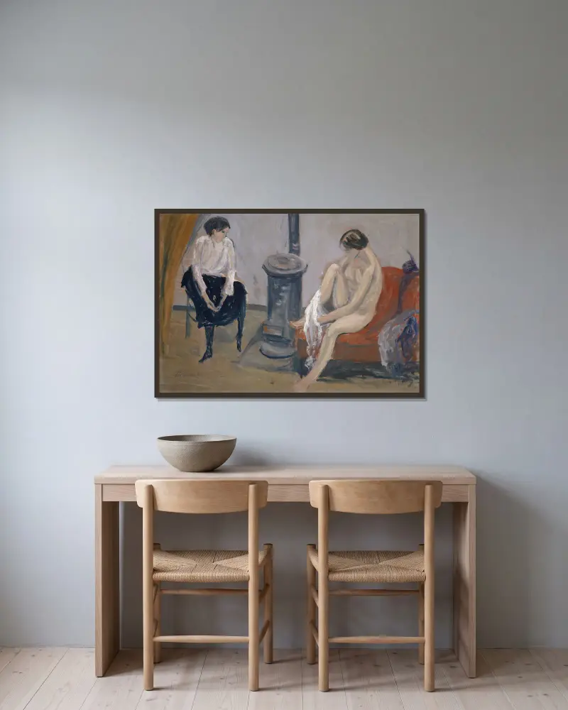 Zwei Frauen am Herd von Ernst Schiess gerahmt an einer Wand
