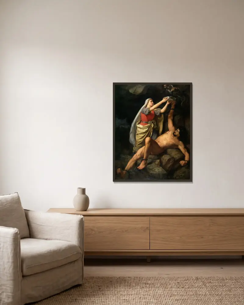 Loki und Sigyn von Mårten Eskil Winge gerahmt an einer Wand