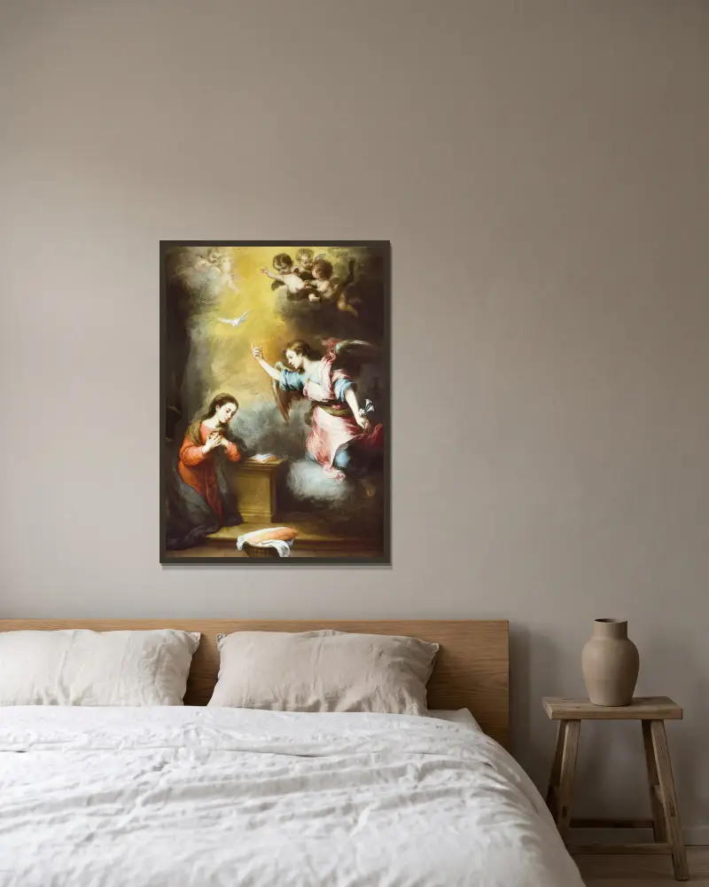 The Annunciation av Bartolomé Estebán Murillo inramad på en vägg