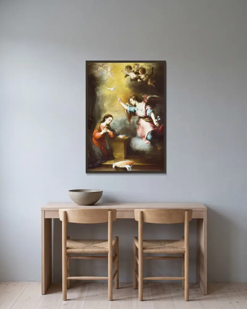 The Annunciation av Bartolomé Estebán Murillo inramad på en vägg
