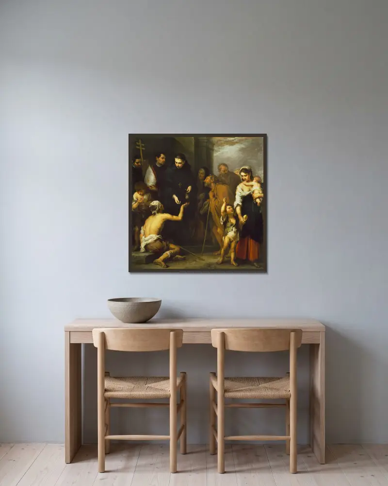 Den helige Thomas av Villanuevas välgörenhet av Bartolomé Estebán Murillo inramad på en vägg